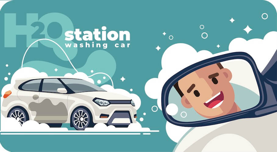 Sudsycarwash cartoon with a handsome face in the rearview mirror!