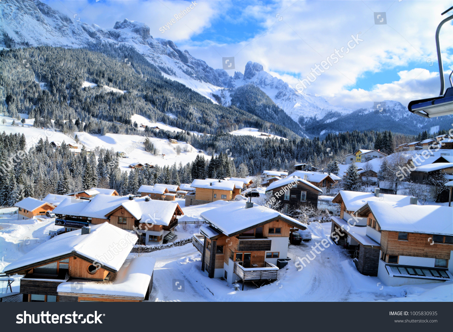 Mountain huts in Annaberg, Austria, during winter 